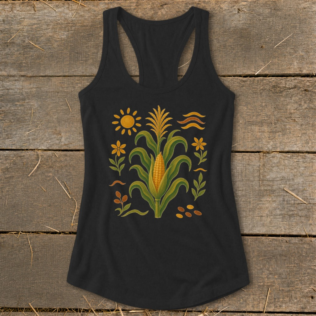 Black tank top with a corn stalk and floral print.