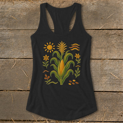 Black tank top with a corn stalk and floral print.