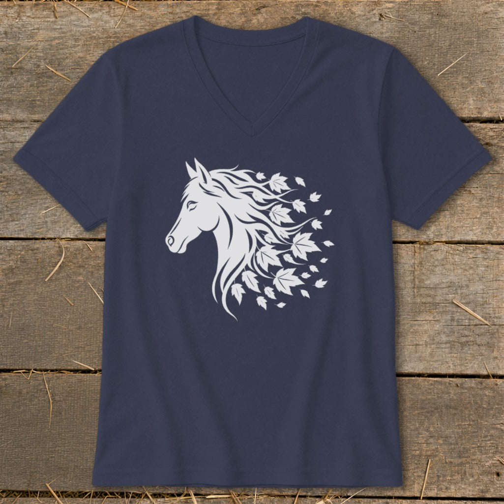 Navy t-shirt with white horse head and maple leaf design.