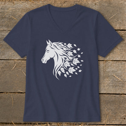 Navy t-shirt with white horse head and maple leaf design.