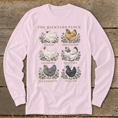 Pink long-sleeve shirt with a "The Backyard Flock" design of six illustrated chicken breeds.