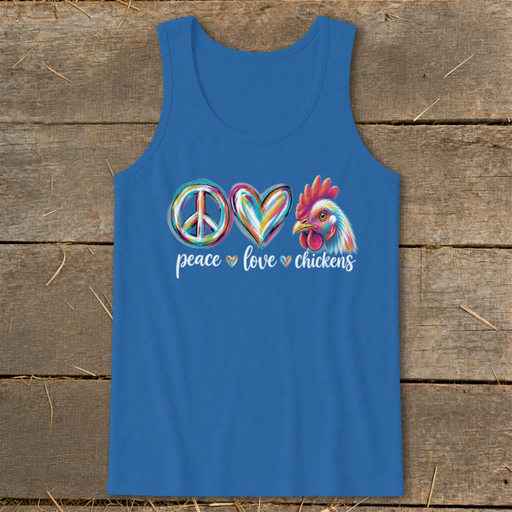 Blue tank top with "peace love chickens" graphic and chicken head illustration.