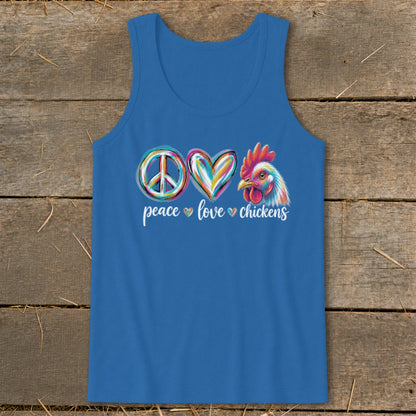 Blue tank top with "peace love chickens" graphic and chicken head illustration.