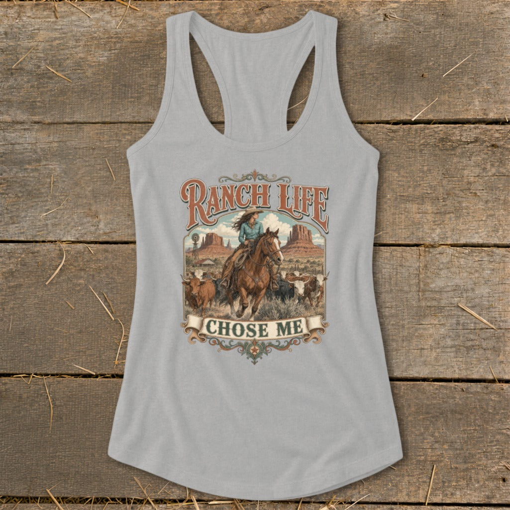 Grey tank top with "Ranch Life Chose Me" graphic of woman on horse with cattle.