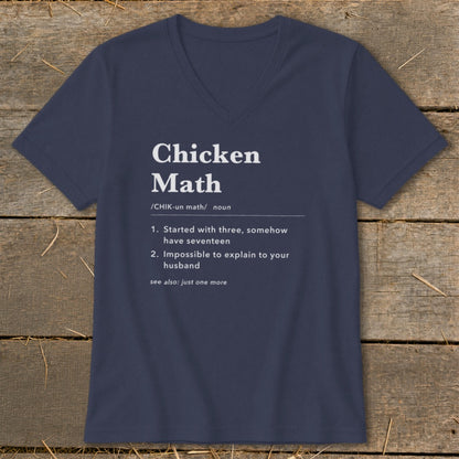 Navy v-neck t-shirt with "Chicken Math" definition printed in white text.