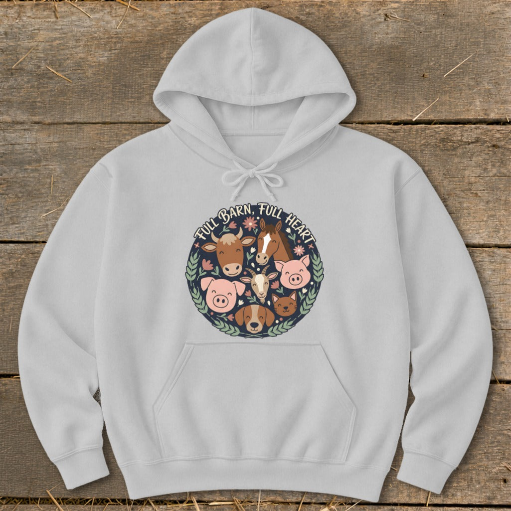Light grey hoodie with circular farm animal graphic and text.