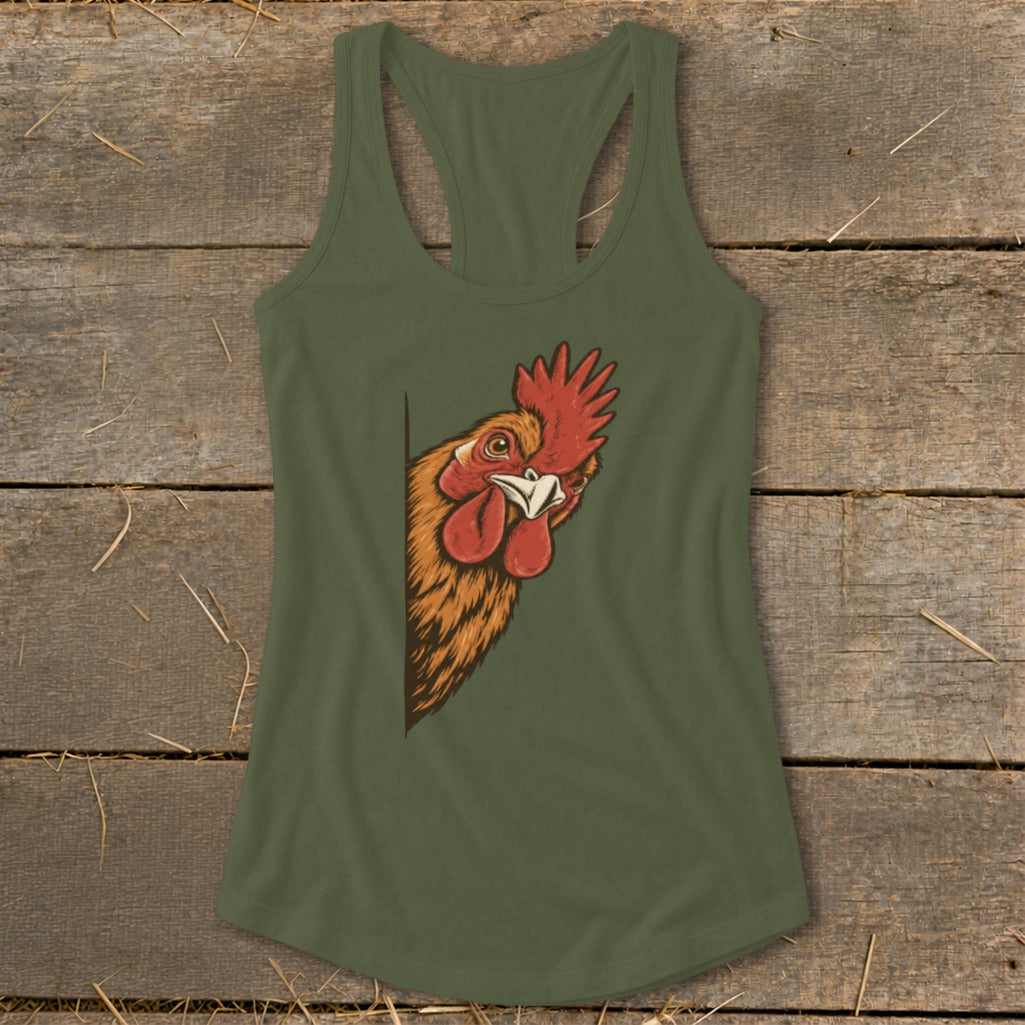Green tank top with a rooster peeking from the left edge.