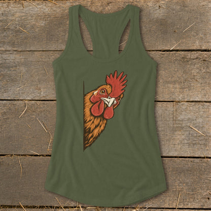 Green tank top with a rooster peeking from the left edge.