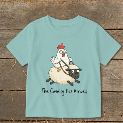 Cartoon chicken rides sheep with text "The Cavalry Has Arrived"