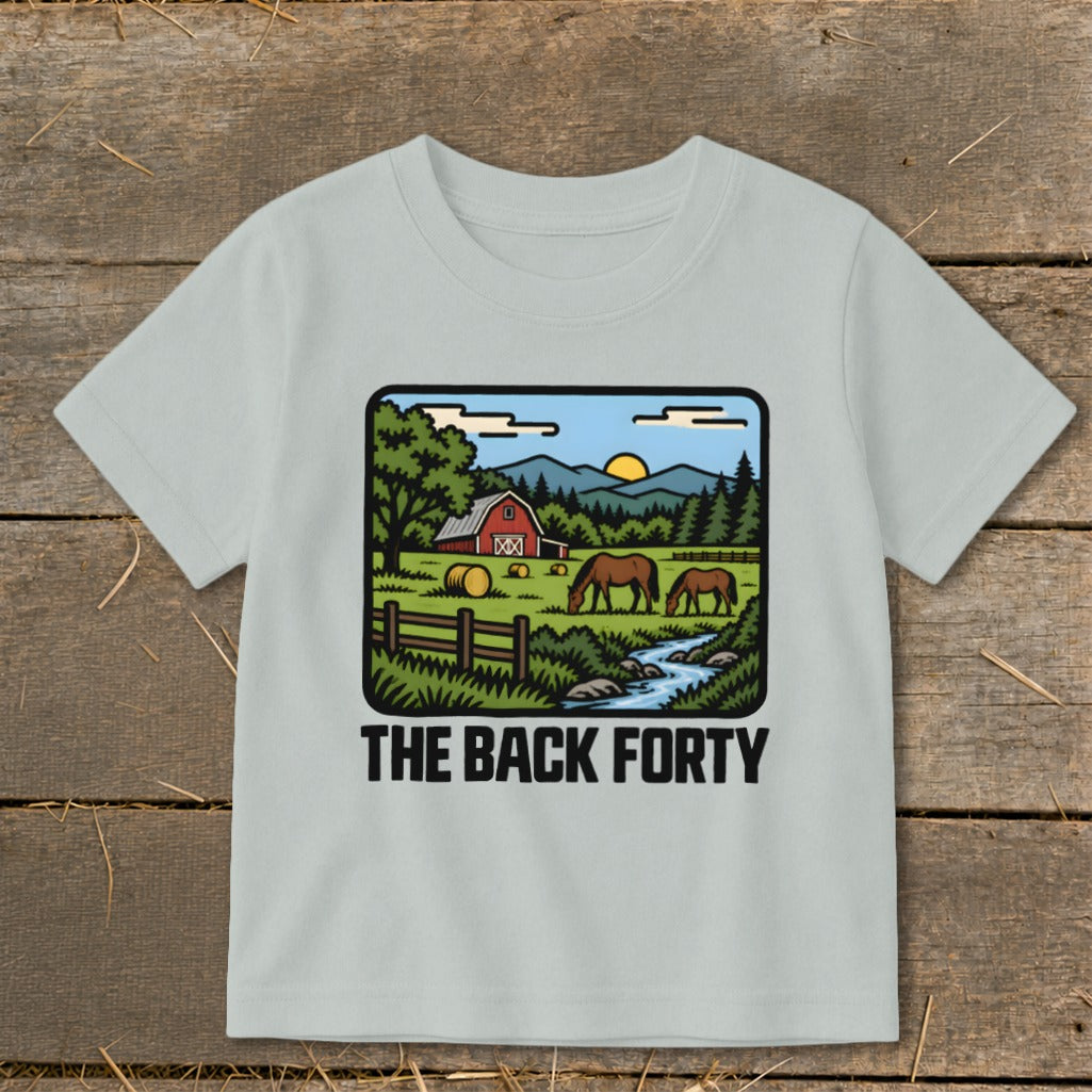 Light grey crewneck t-shirt featuring a retro cartoon farm graphic with the text THE BACK FORTY.