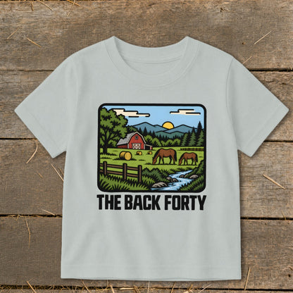 Light grey crewneck t-shirt featuring a retro cartoon farm graphic with the text THE BACK FORTY.