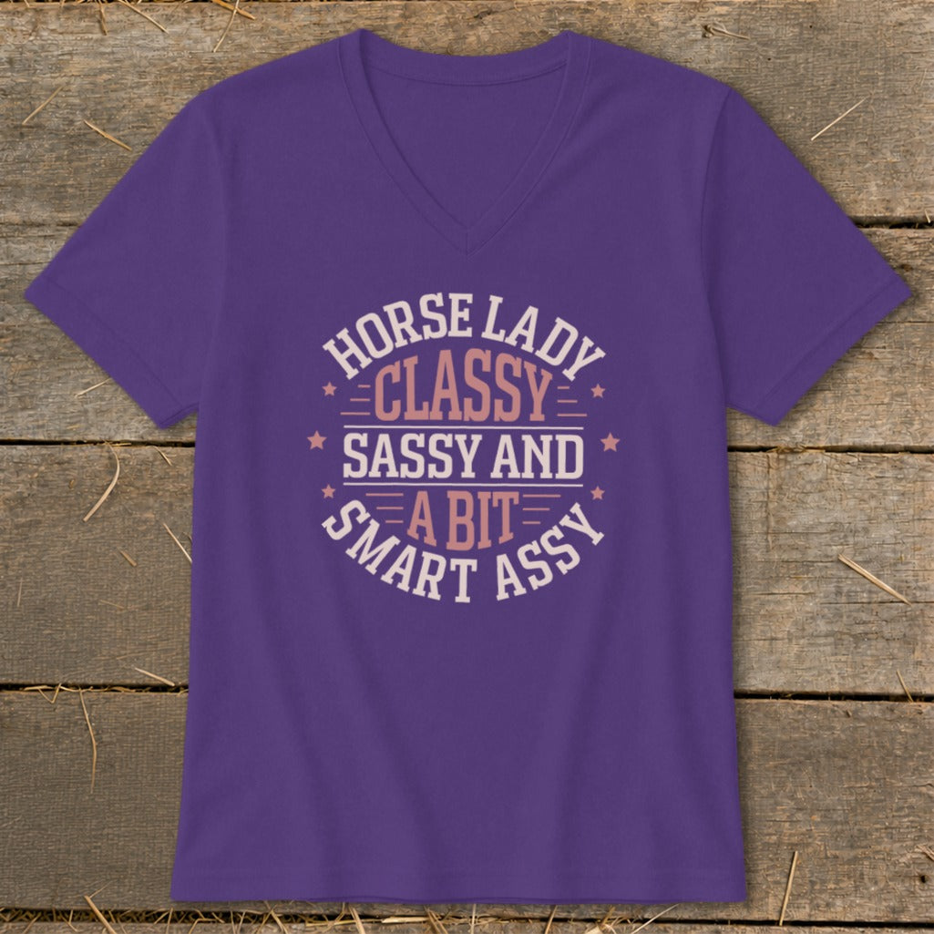 Purple v-neck shirt with "Horse Lady Classy Sassy and a Bit Smart Assy" text.