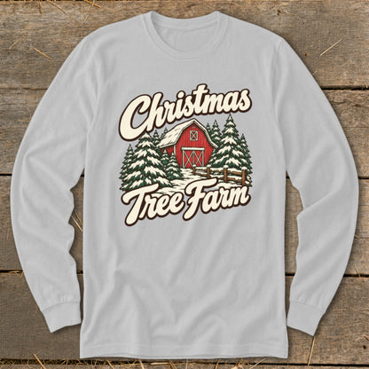 Light grey long-sleeve shirt with "Christmas Tree Farm" text and a barn illustration.