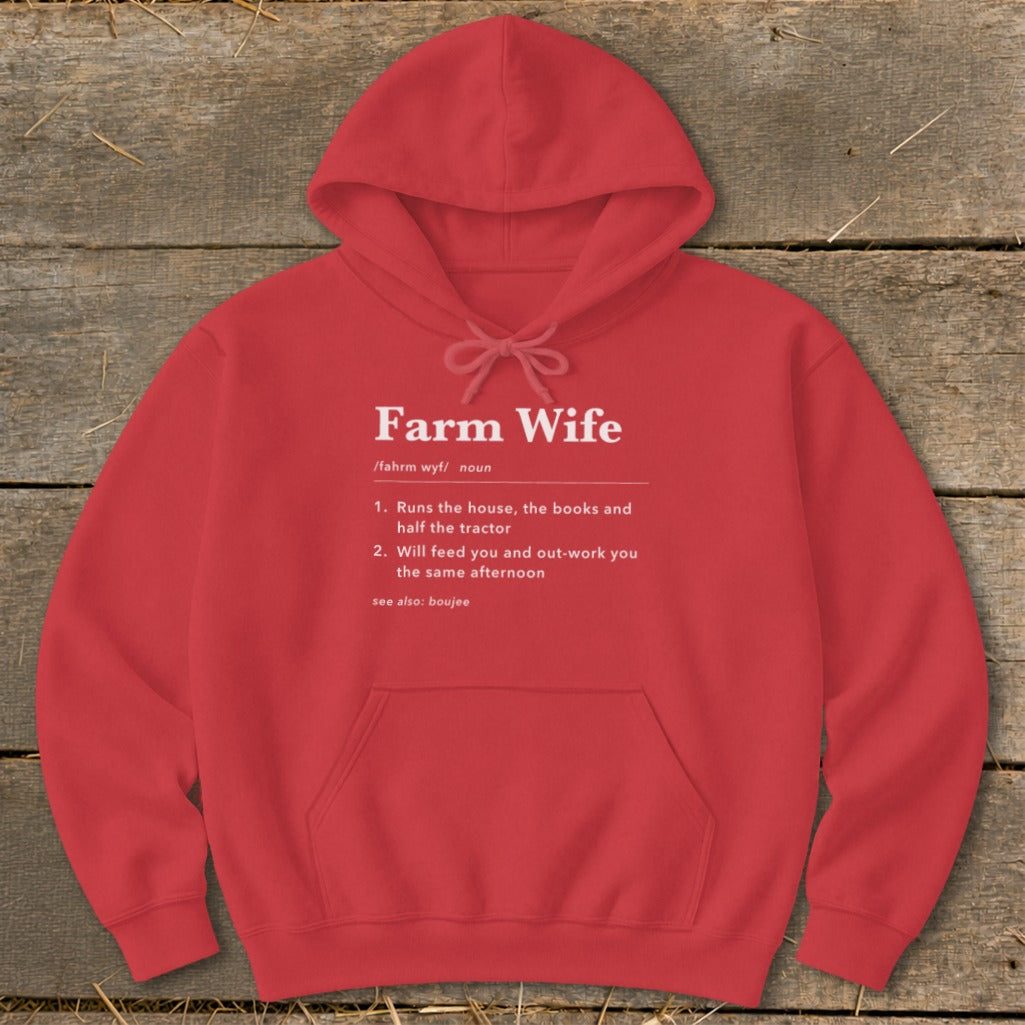 Red hoodie with "Farm Wife" definition, listing responsibilities and traits.