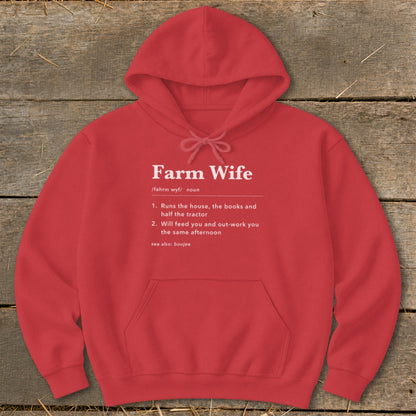Red hoodie with "Farm Wife" definition, listing responsibilities and traits.