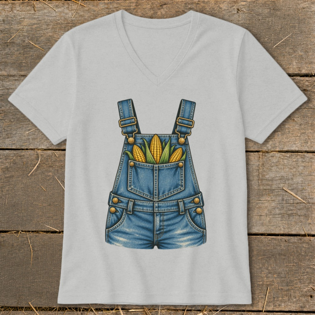 Light grey t-shirt with a denim overalls graphic filled with corn cobs.