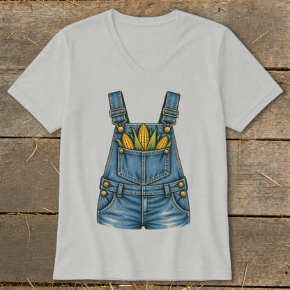 Light grey t-shirt with a denim overalls graphic filled with corn cobs.