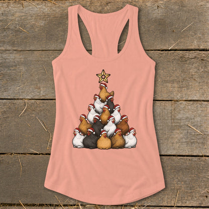 Peach tank top with a Christmas tree made of chickens wearing Santa hats.