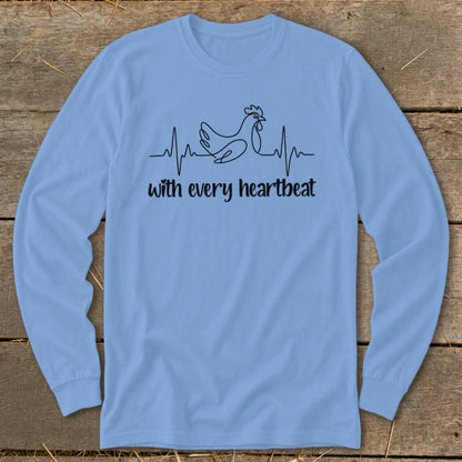 Light blue long sleeve shirt with a black line drawing of a chicken on a heartbeat line and text.