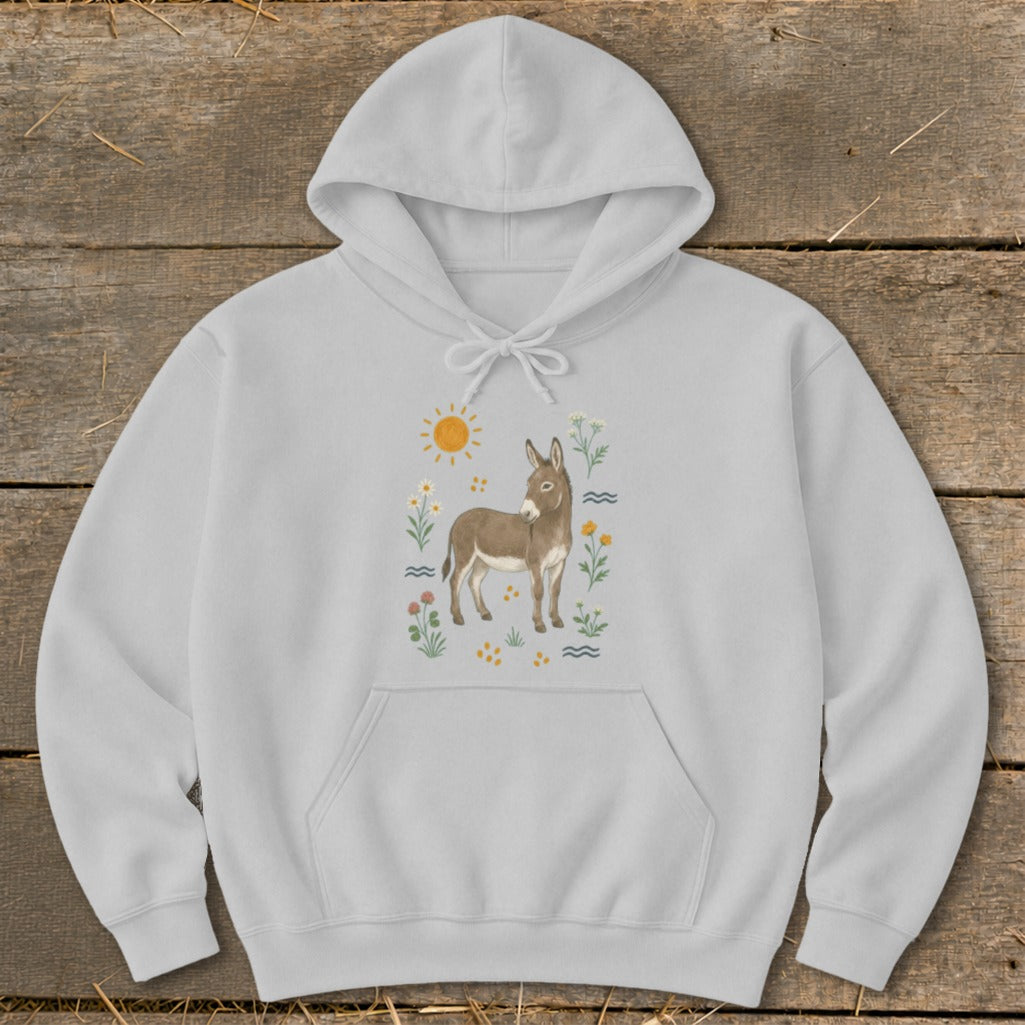 Light grey hoodie with a watercolor donkey, sun, and flowers design.