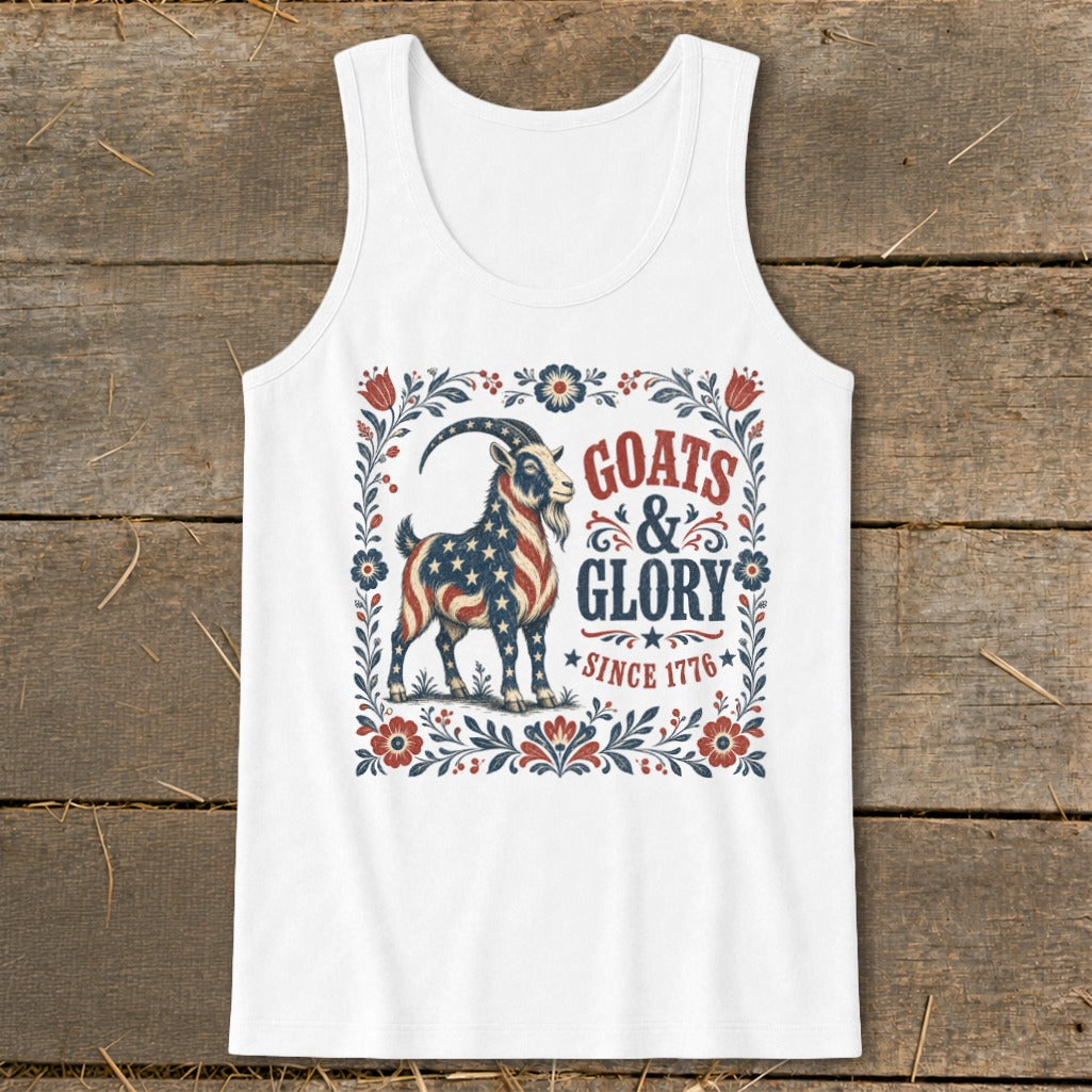 White tank top with "Goats & Glory Since 1776" text and American flag goat.