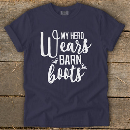 Navy t-shirt with white text: "My Hero Wears Barn Boots"