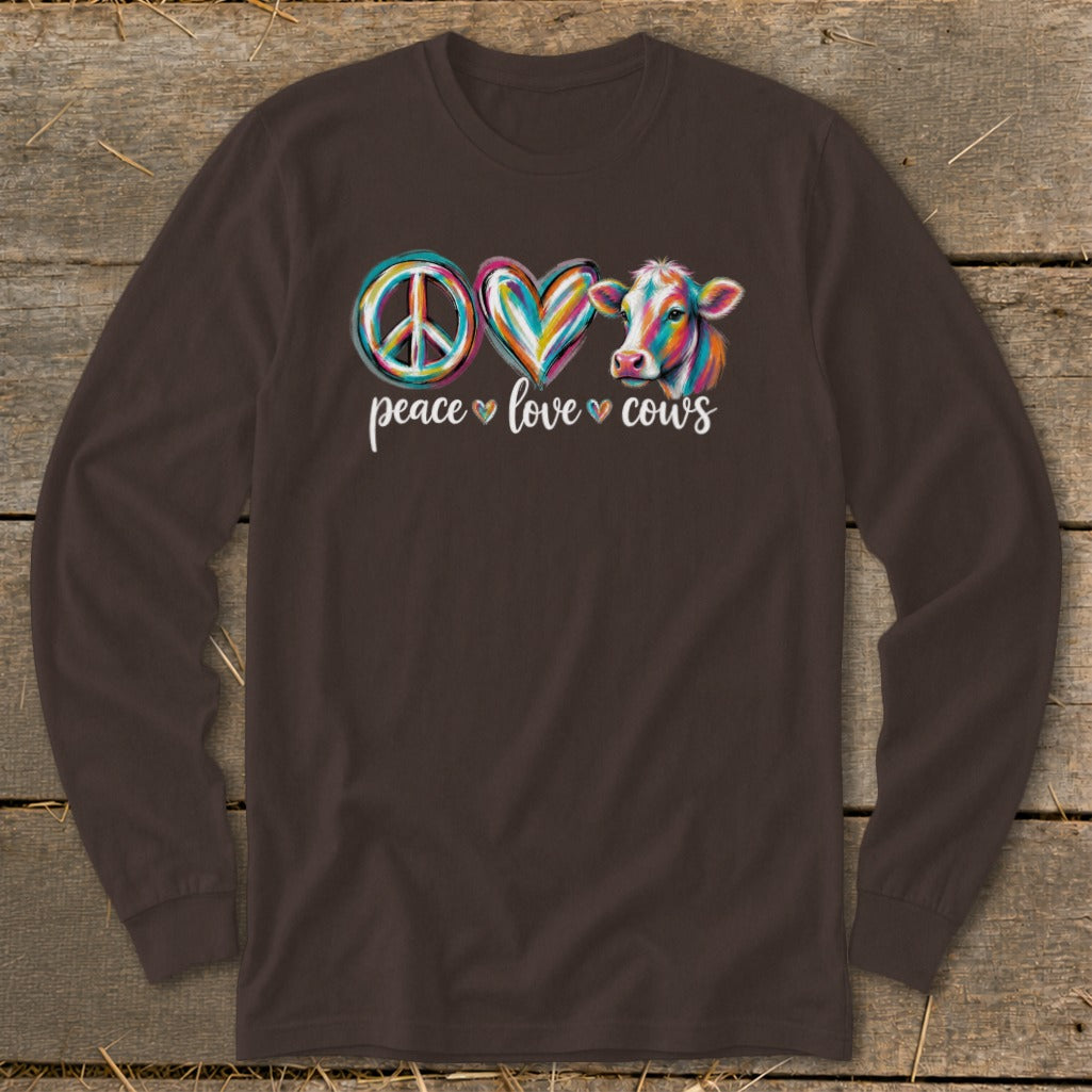 Brown long-sleeve shirt with "Peace Love Cows" graphic featuring a colorful peace sign, heart, and cow.