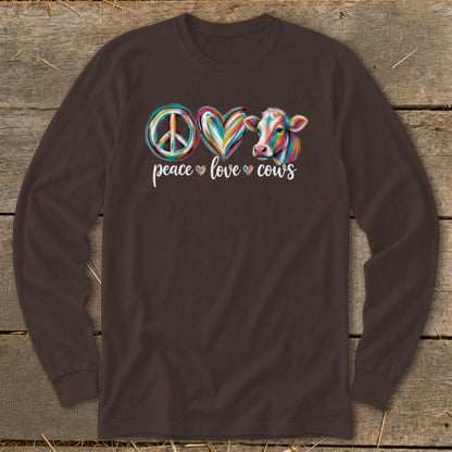 Brown long-sleeve shirt with "Peace Love Cows" graphic featuring a colorful peace sign, heart, and cow.