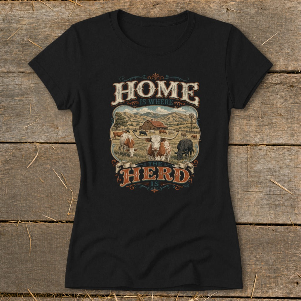 Black t-shirt with "HOME IS WHERE THE HERD IS" graphic featuring cows on a farm.