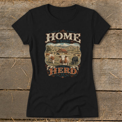 Black t-shirt with "HOME IS WHERE THE HERD IS" graphic featuring cows on a farm.