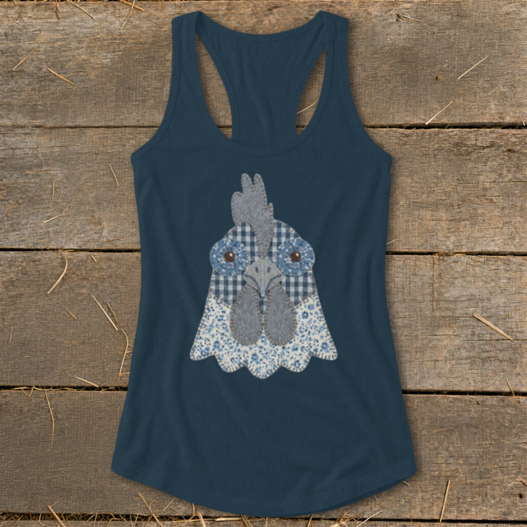 Blue tank top with a country-style patched chicken face graphic.