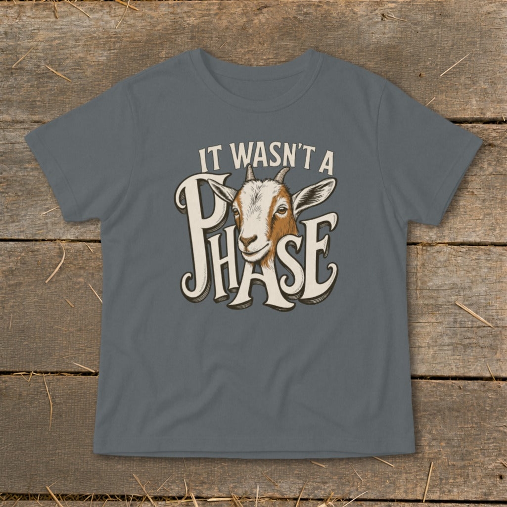 Gray t-shirt with goat illustration and text "IT WASN'T A PHASE".