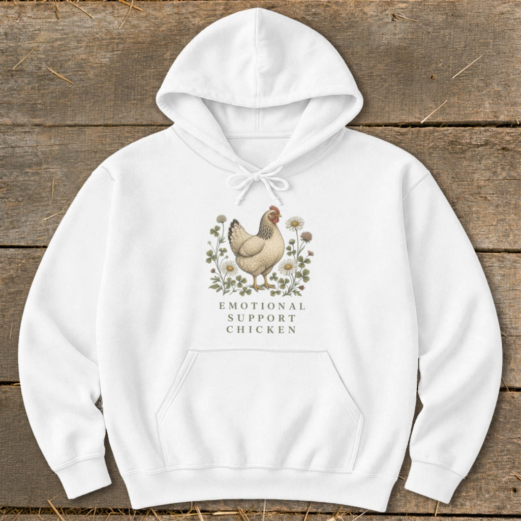 White hoodie with a chicken illustration and text "Emotional Support Chicken".
