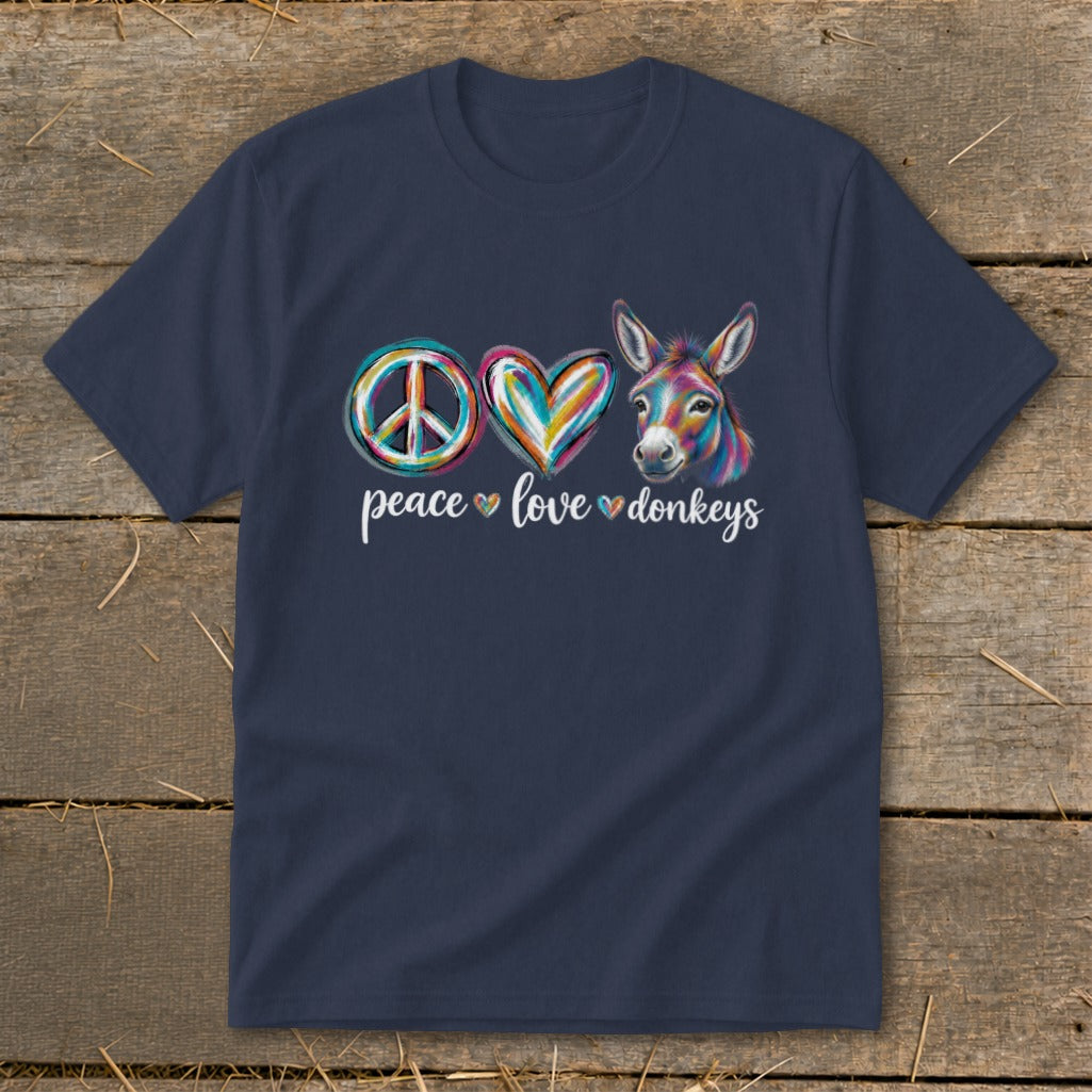 Navy t-shirt with peace, heart, and donkey graphic and text.