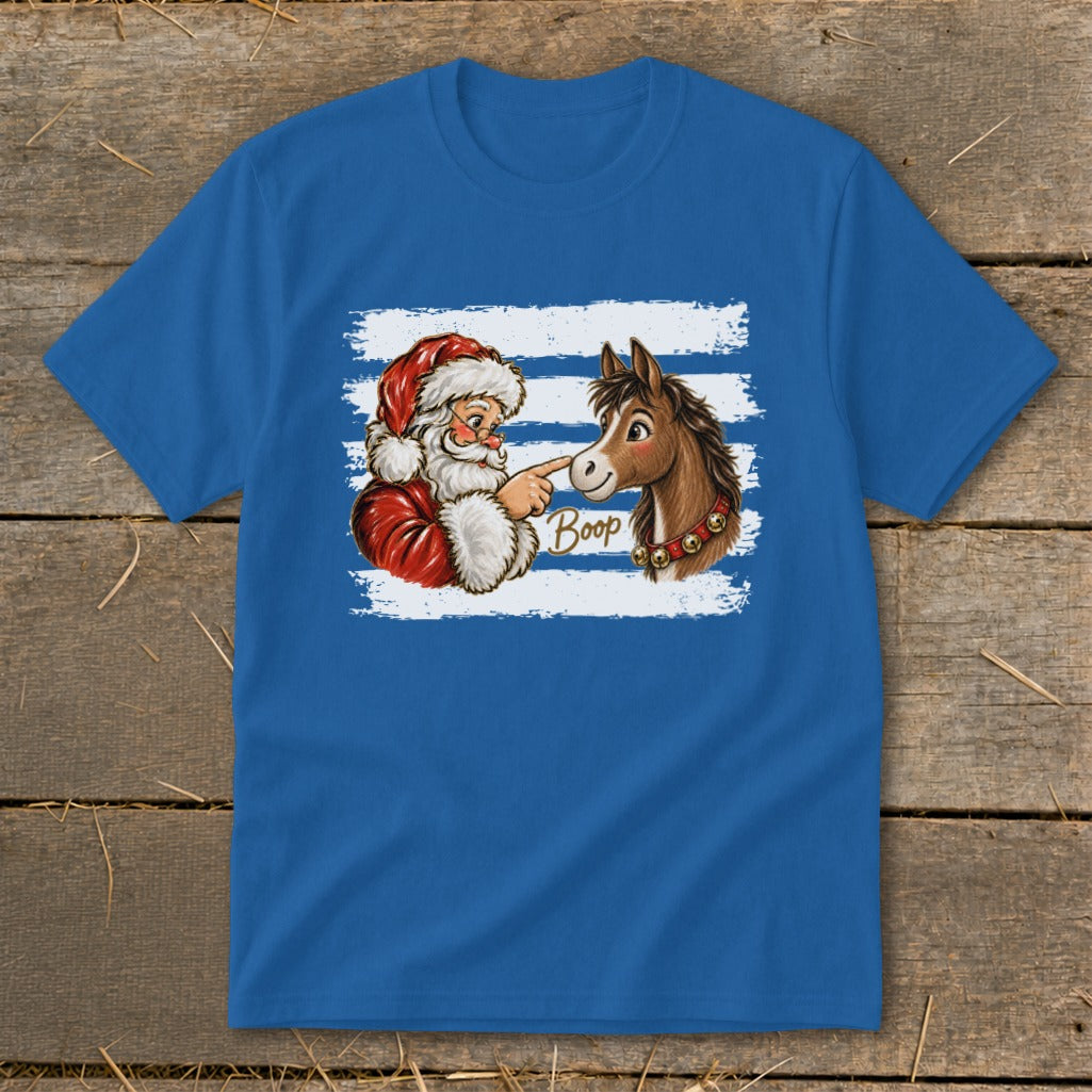 Santa booping a horse with "Boop" text on a blue shirt.
