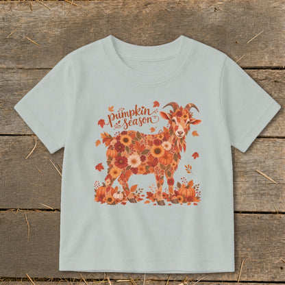 T-shirt graphic of a goat made of autumnal flowers and leaves, with "pumpkin season" text.