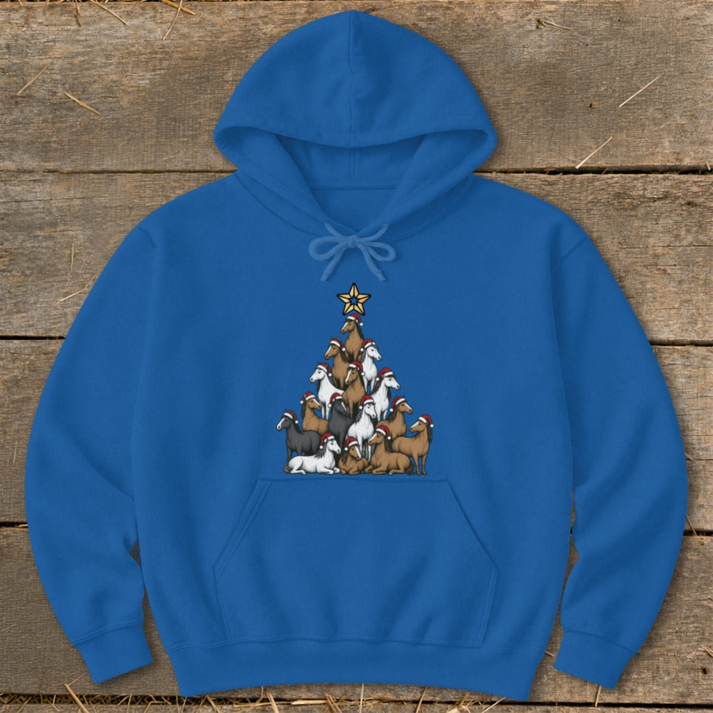Blue hoodie with Christmas tree made of horses wearing Santa hats.