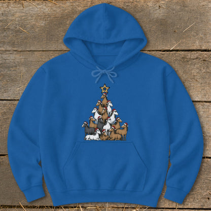 Blue hoodie with Christmas tree made of horses wearing Santa hats.