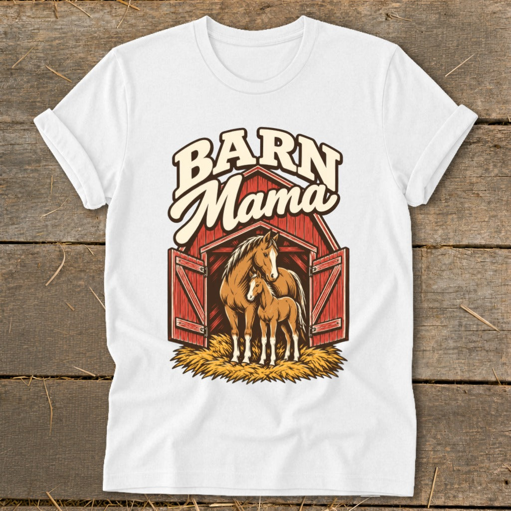 Barn Mama text above a horse and foal inside a red barn.