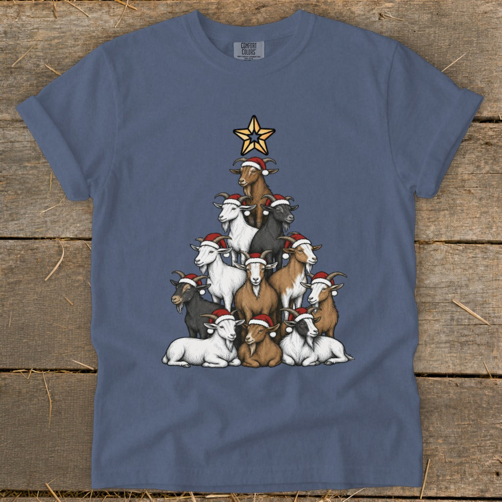 Goats in Santa hats form a Christmas tree shape topped with a star.