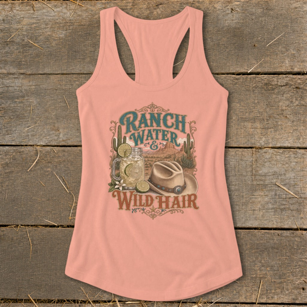 Peach tank top with "Ranch Water & Wild Hair" graphic, desert scene, drink, and hat.