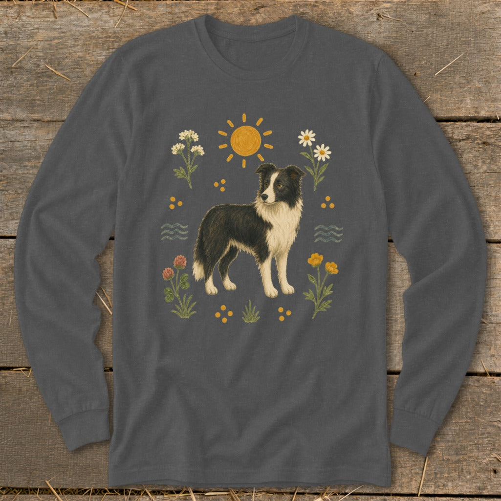 Dark grey long-sleeve shirt with a Border Collie surrounded by wildflowers and sun.