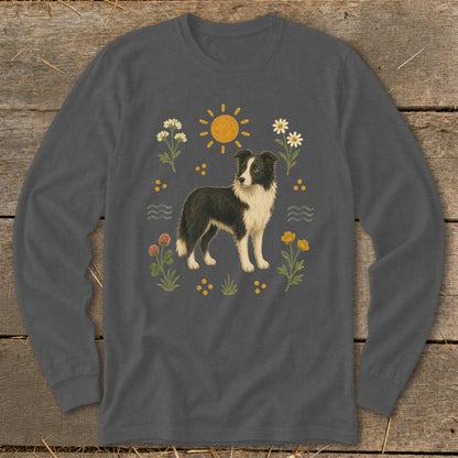 Dark grey long-sleeve shirt with a Border Collie surrounded by wildflowers and sun.