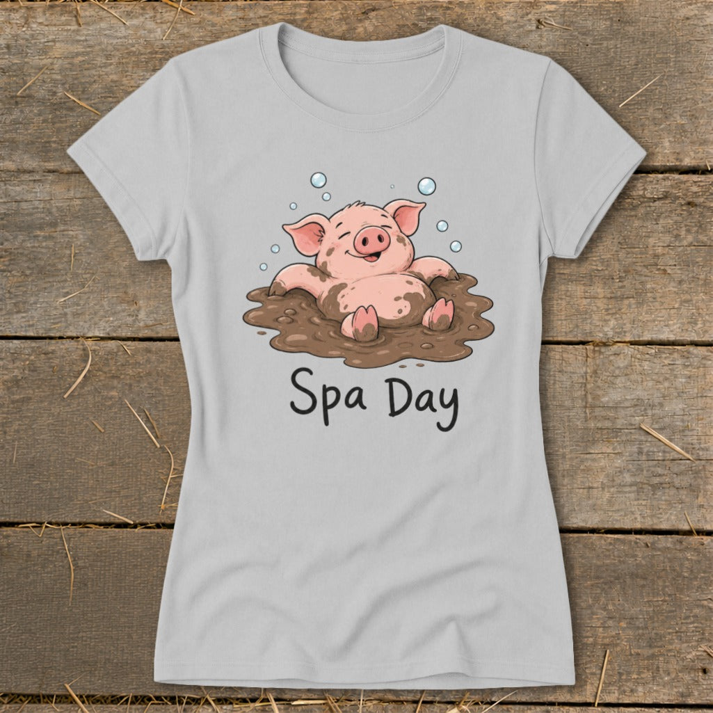 Grey t-shirt with a cartoon pig in a mud puddle and text "Spa Day".