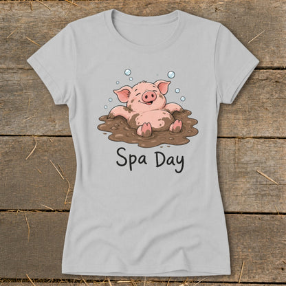 Grey t-shirt with a cartoon pig in a mud puddle and text "Spa Day".