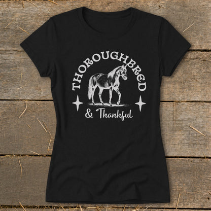 Black t-shirt with "THOROUGHBRED & Thankful" and a horse illustration.