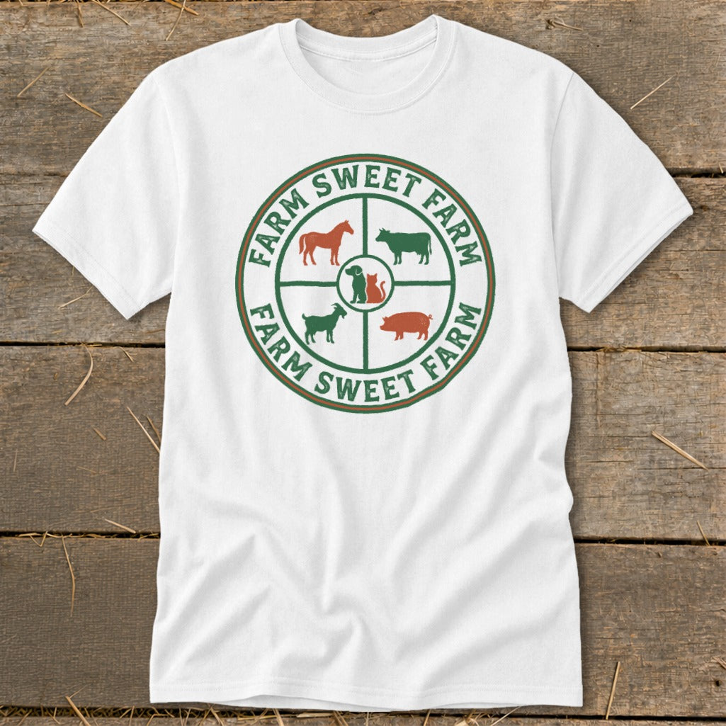 White t-shirt with "FARM SWEET FARM" text and farm animals in a circular design.