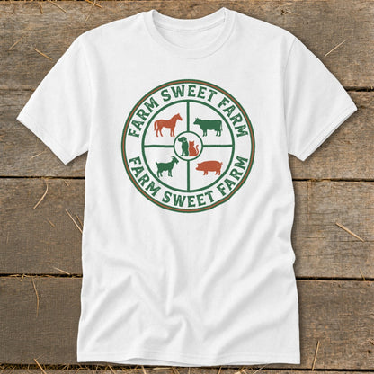 White t-shirt with "FARM SWEET FARM" text and farm animals in a circular design.