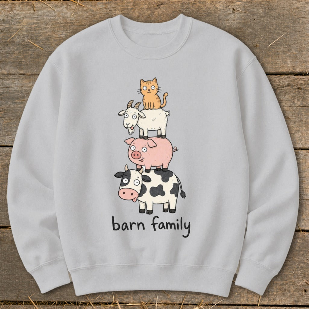 Light gray sweatshirt with stacked cartoon cow, pig, goat, and cat, and text "barn family".
