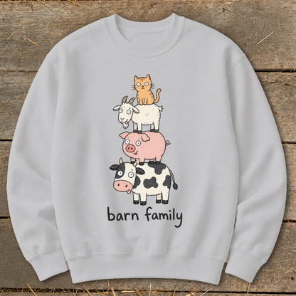 Light gray sweatshirt with stacked cartoon cow, pig, goat, and cat, and text "barn family".